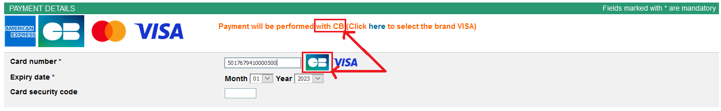 Example of a page indicating: the payment will be made by CB