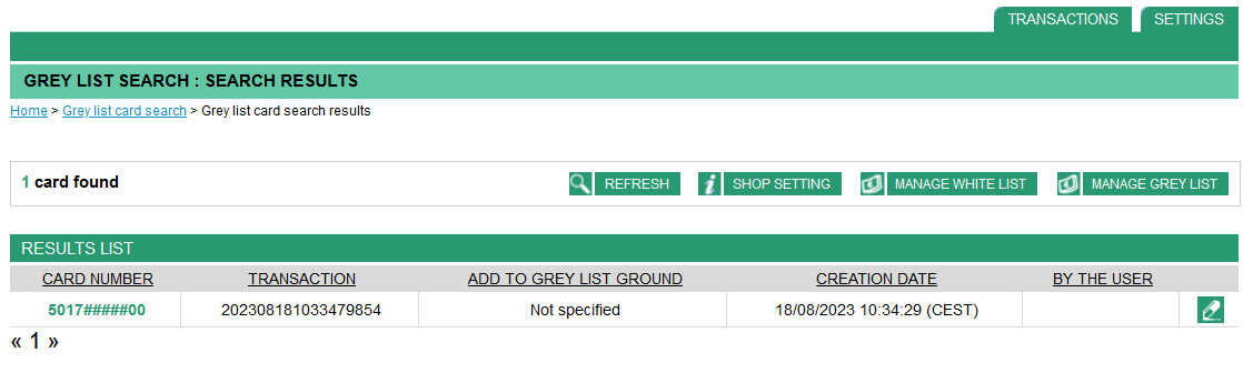 result list displayed: