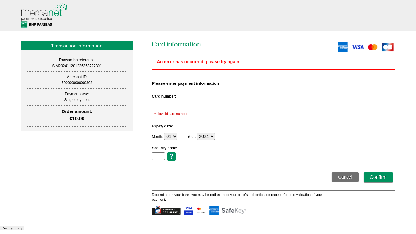 Card data entry page with red boxed error message 