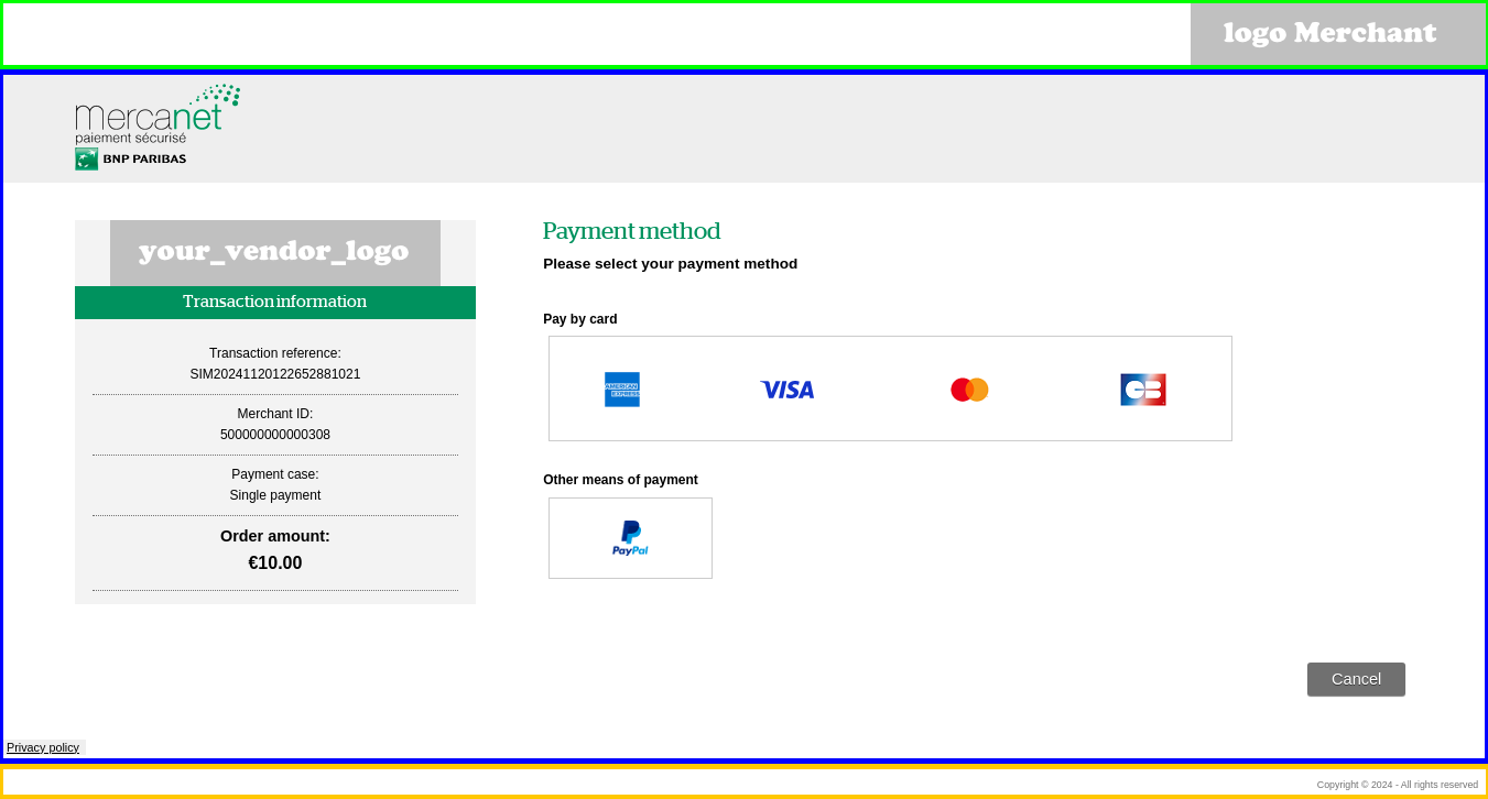 Capture of the payment page with the locations of each logo 