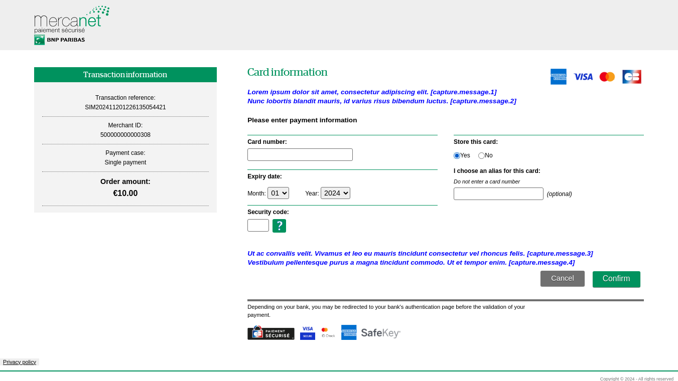 Card info entry page with backup and location of customizable messages 