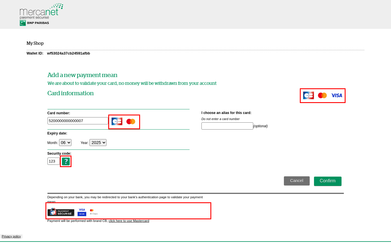 Capture of the card data entry page showing the unmodified images 