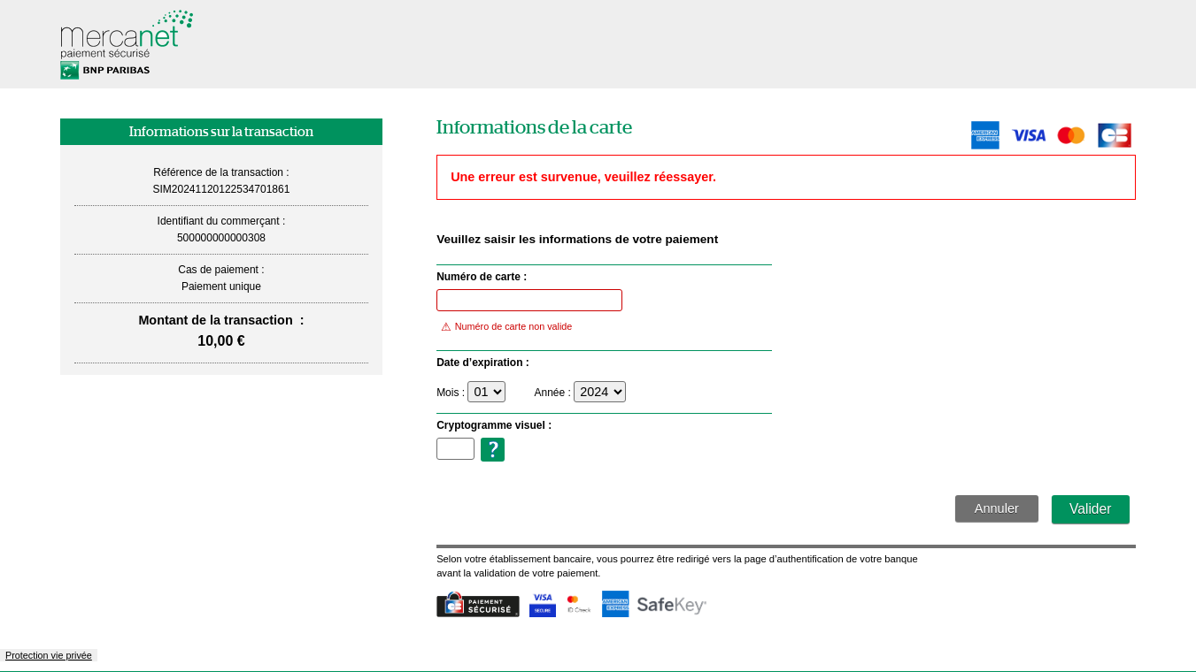 Page de saisie des données cartes avec le message d'erreur encadré en rouge