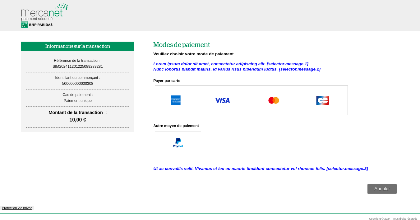 Page de choix du moyen de paiement indiquant l'emplacement des messages personnalisables