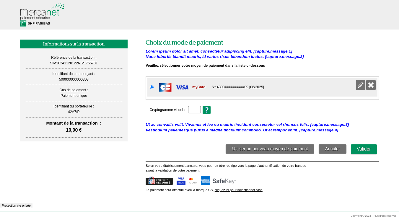 Page de paiement OneClick avec l'emplacement des messages personnalisables
